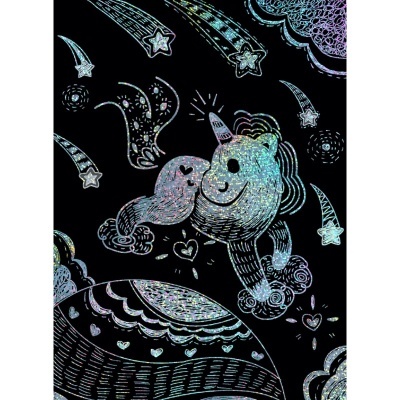 Padrão holográfico de unicórnio, pássaro, estrelas cadentes e nuvens em fundo preto