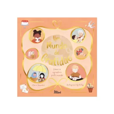 Capa de livro laranja com ilustrações e texto sobre gratidão