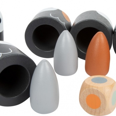 Jogo de madeira tipo pinguim com copos, peças em forma de gota e dado colorido