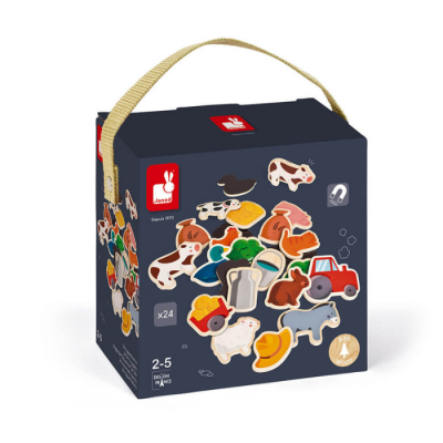 Caixa de brinquedo magnético com imagens coloridas de animais e veículos da quinta