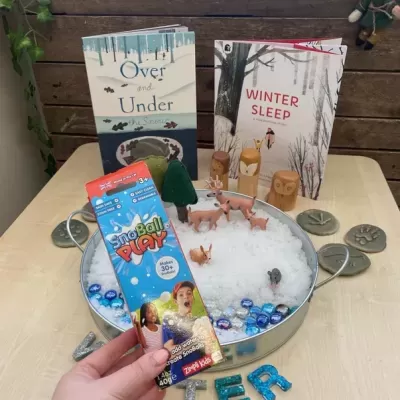 Mesa com neve artificial, figuras de animais e dois livros sobre natureza e neve