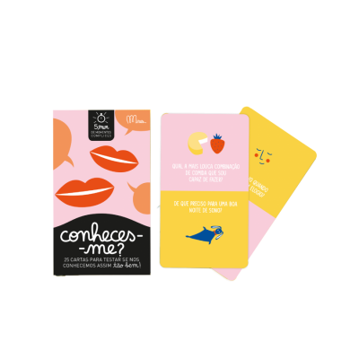Jogo de cartas colorido 'conheces-me?' com 25 cartas e embalagem preta com detalhes em rosa e laranja