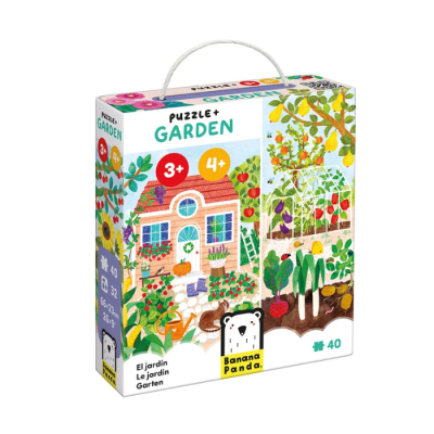 Caixa de puzzle infantil com tema de jardim e imagens coloridas
