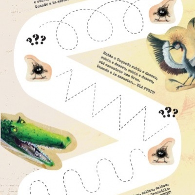 Página ilustrada com desenhos de crocodilo, pássaro e insetos, texto em português e fundo bege com bordas laranja