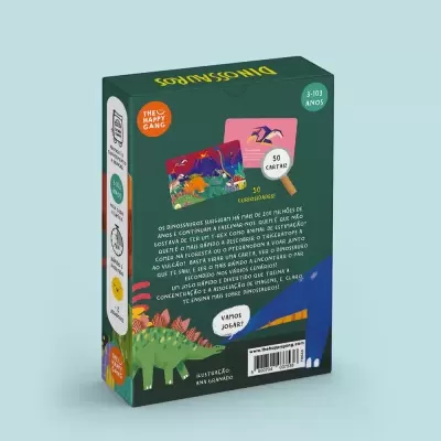Caixa do jogo de cartas DINOSSAUROS com ilustrações e texto descritivo em português