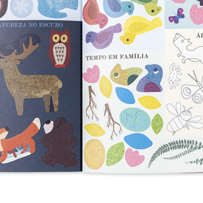 Páginas coloridas de um álbum de recortes com figuras de animais e elementos da natureza e texto em português