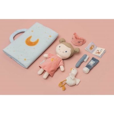 Brinquedos de pano para bebé com mala azul, boneca, patinho, roupas e livros pequenos