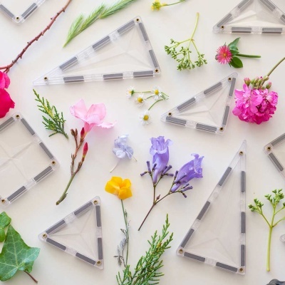 Réguas triangulares transparentes com detalhes pretos e flores coloridas em superfície branca