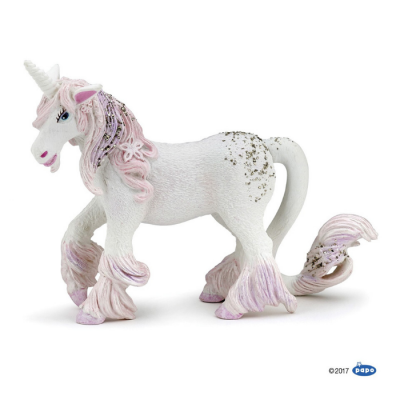 Figurina de unicórnio branco com crina e cauda rosa e glitter dourado.