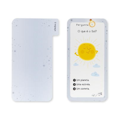 Dois cartões educativos, um branco com estrelas cinzentas e outro com ilustração do sol e pergunta em português