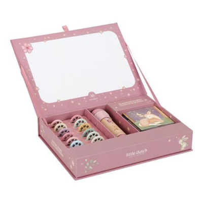 Caixa presente rosa claro com carimbos coloridos e cartões ilustrados da little dutch