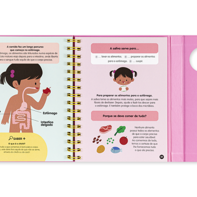 Livro infantil aberto com ilustrações sobre o sistema digestivo e capa rosa com abertura redonda preta