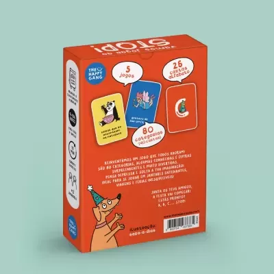 Caixa de jogo STOP! laranja com texto e ilustrações coloridas