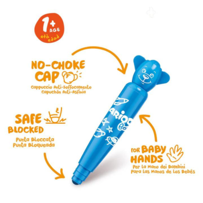 Giz de cera azul em formato de urso com texto em branco e indicação de segurança para crianças a partir de 1 ano