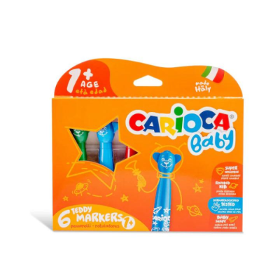 Conjunto de 6 marcadores coloridos para crianças com embalagem laranja e texto 'CARIOCA baby'.
