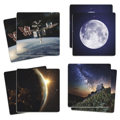 Bases para copos com imagens da estação espacial, lua, Terra e céu estrelado