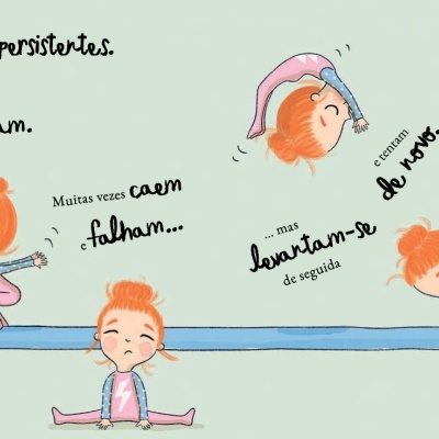 Ilustração de ginastas ruivas em barra de equilíbrio com texto motivacional em português.