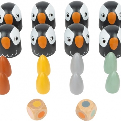 Jogo de pinguins de madeira coloridos com dados