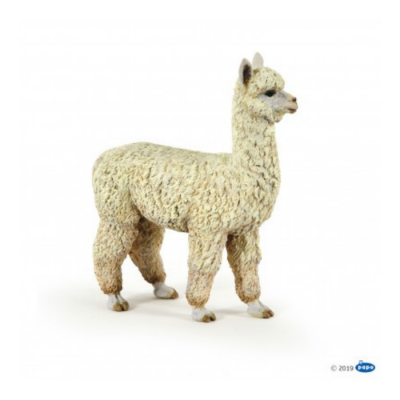 Figura de alpaca peluda creme com patas castanhas sobre fundo branco