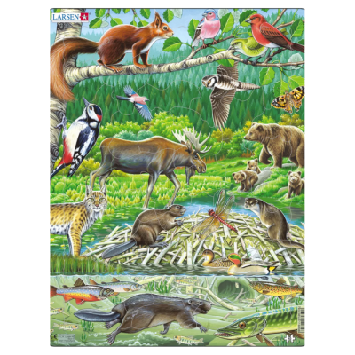 Ilustração de animais selvagens numa paisagem natural com texto LARSEN