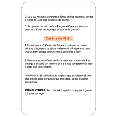 Cartão de regras de jogo com texto em português e título Cartas de Pista em fundo laranja