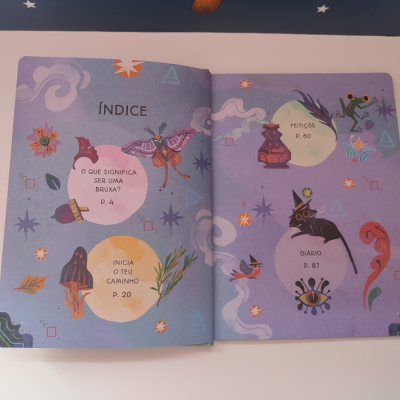 Índice de livro com ilustrações mágicas e texto em português