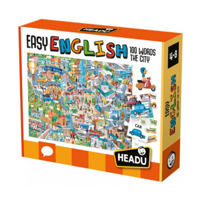 Caixa de jogo educativo EASY ENGLISH 100 WORDS THE CITY com imagens coloridas e texto em inglês para crianças