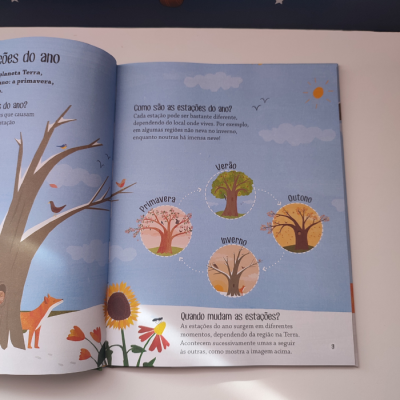 Livro aberto com ilustrações das estações do ano e texto explicativo em português.