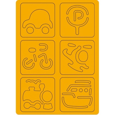 Forma silicone laranja com seis desenhos recortados de veículos e símbolo de estacionamento