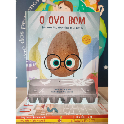 Capa de livro infantil com ovo de óculos azuis e caixa de ovos