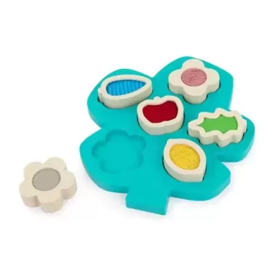 Brinquedo educativo de madeira com base azul e peças coloridas removíveis