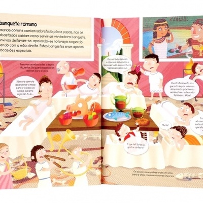 Página de livro ilustrada com texto e personagens romanos em banquete