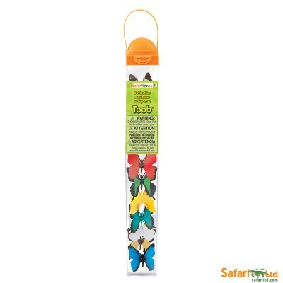 Toob transparente com tampo alaranjada contendo figuras coloridas de borboletas