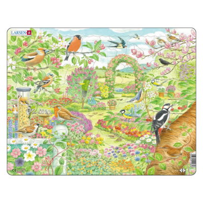 Puzzle com ilustração de pássaros em jardim com flores e gato laranja.
