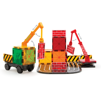 Brinquedos de construção magnéticos coloridos com gruas e blocos simulação de tijolos