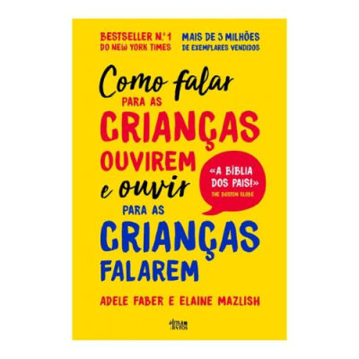 Capa de livro amarelo com texto colorido sobre comunicação com crianças