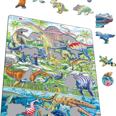 Puzzle infantil de madeira com dinossauros coloridos e texto LARSEN.