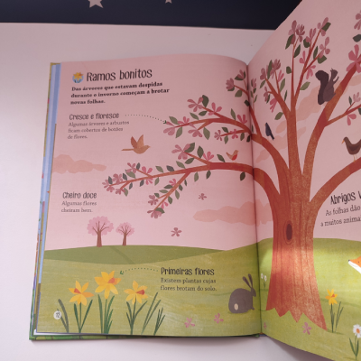 Página de livro com ilustração de árvore, flores, coelho, pássaros e texto em português sobre crescimento das plantas.