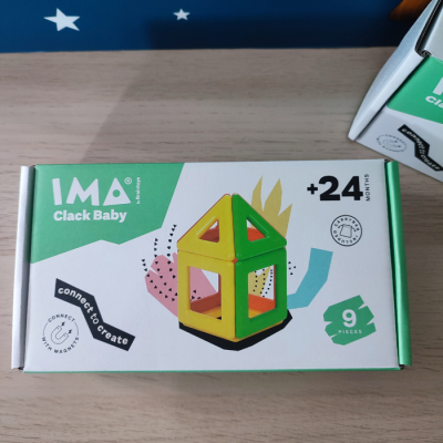 Caixa de brinquedo magnético IMA Clack Baby para crianças com mais de 24 meses, 9 peças coloridas.