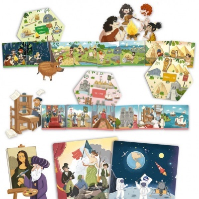 Cartas ilustradas sobre temas históricos e espaciais dispostas em fundo branco.