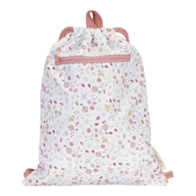 Mochila saco branca com padrão floral e alças rosa