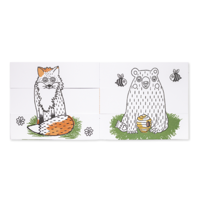blocos ilustrados com gato e urso sentados na relva