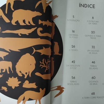 Índice de livro com silhuetas de animais em fundo preto e texto em fundo branco