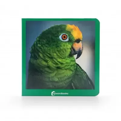 Livro infantil com capa de papagaio verde e borda verde