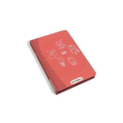 Caderno coral com desenhos kawaii brancos e texto Kidwolf e Kawaii na capa