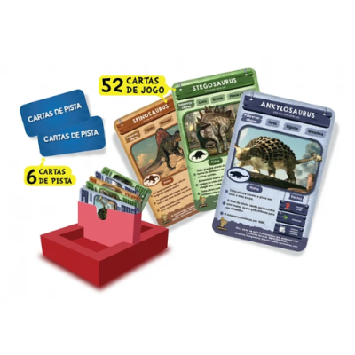 Jogo de cartas de dinossauros com caixa vermelha e cartas coloridas.