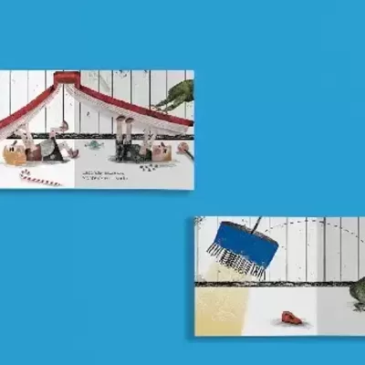 Duas imagens interiores com paredes brancas verticais, detalhes de roupas vermelhas e candeeiro azul