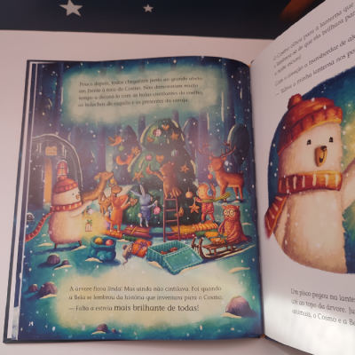 Página de livro infantil com ilustração natalícia colorida e texto em português