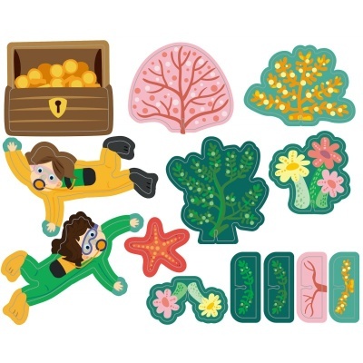 Adesivos de crianças mergulhadoras, baú com ouro e várias algas coloridas.