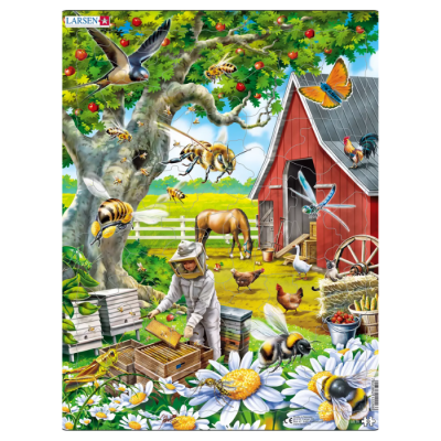 Cena de quinta colorida com apicultor, abelhas, flores, animais e celeiro